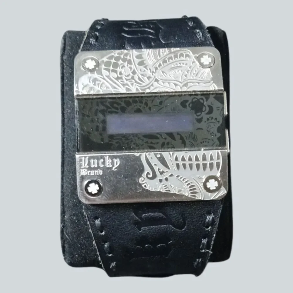 Lucky Brand Digital Watch Black Leather Cuff Silver Etched Case Battery Needed